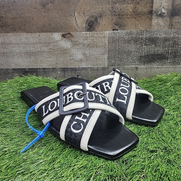 Christian Louboutin Black/White Logo Canvas and Leather Crossimule Flat Slides - Picture 2 of 11